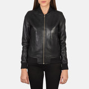
Vista detalhada of Varsity - Rib Knit & Zipper with Wind Flap Hardware on Bliss Preto Jaqueta Bomber de Couro para Mulher