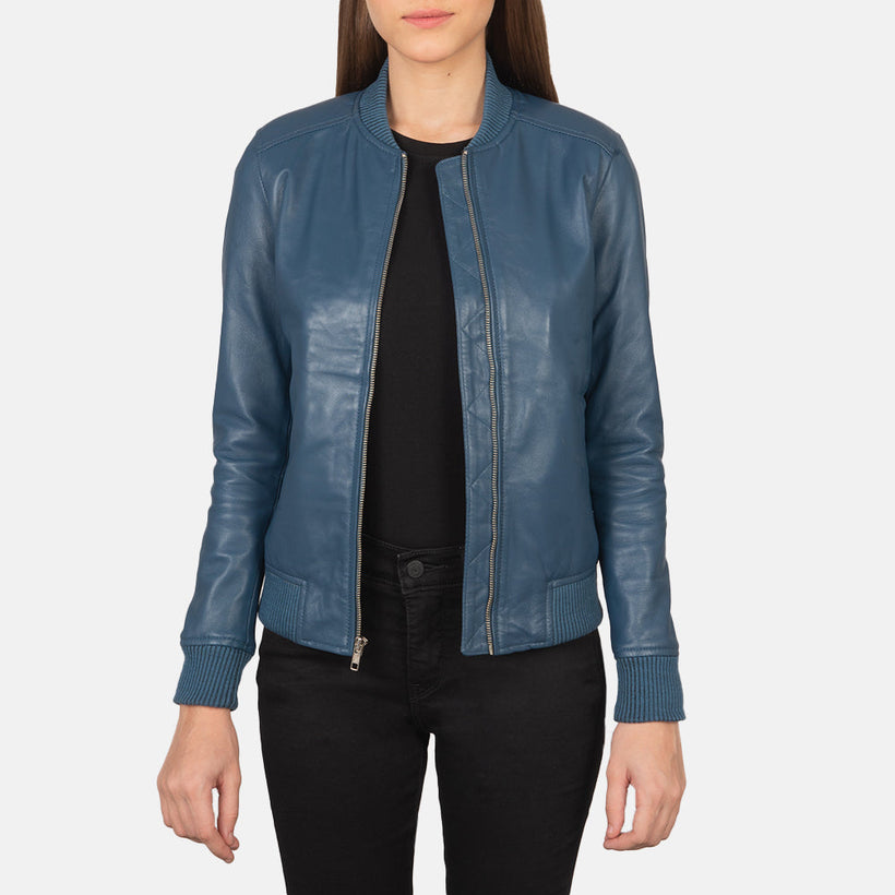 Bliss Azul Blusão Bomber de Couro para Mulher