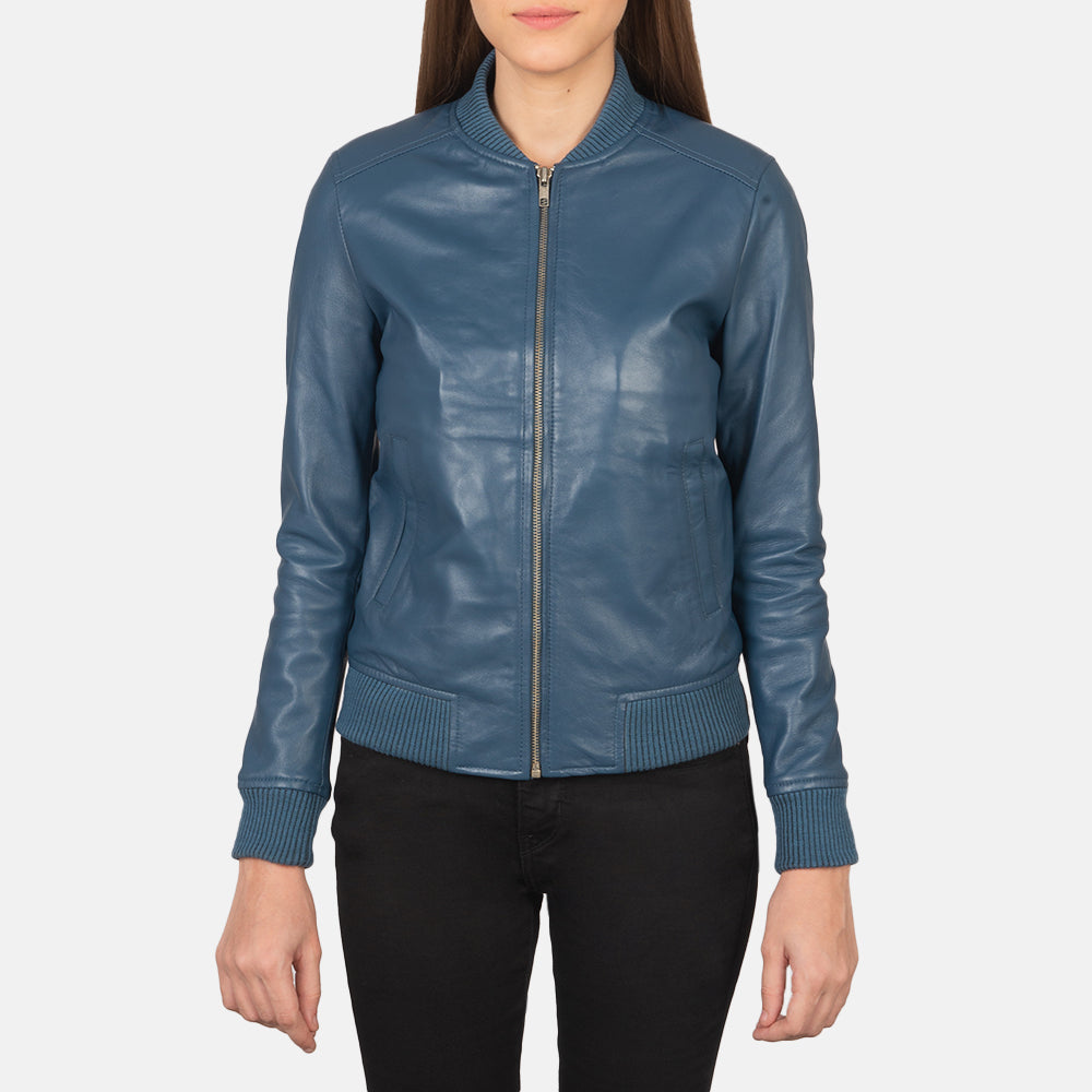 
Vista detalhada of Varsity - Rib Knit & Zipper with Wind Flap Hardware on Bliss Azul Jaqueta Bomber de Couro para Mulher