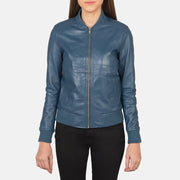 
Vista detalhada of Varsity - Rib Knit & Zipper with Wind Flap Hardware on Bliss Azul Jaqueta Bomber de Couro para Mulher