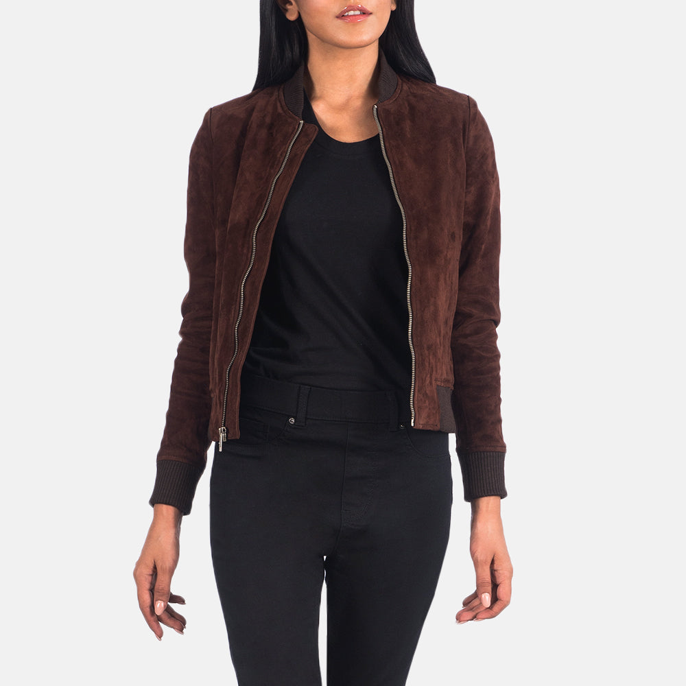 Women's Bliss Castanho Suede Blusão Bomber de Couro para Mulher in Brown Goatskin Suede - Front Profile View &amp; Tailored Silhouette | Buy Online