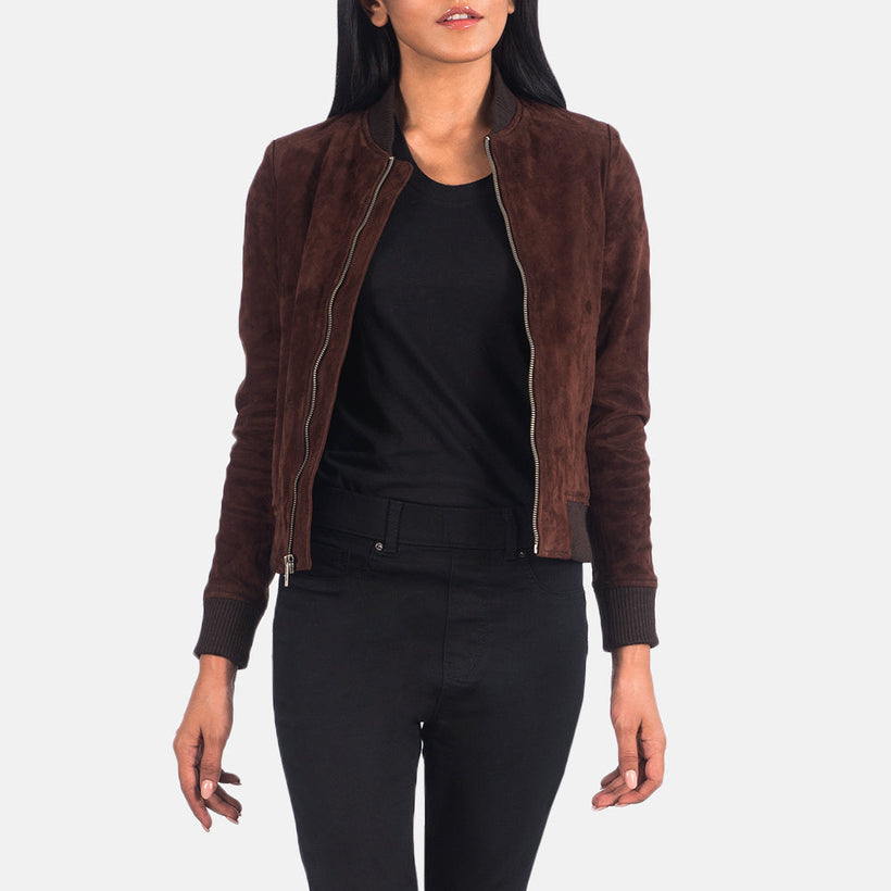 Bliss Castanho Suede Blusão Bomber de Couro para Mulher