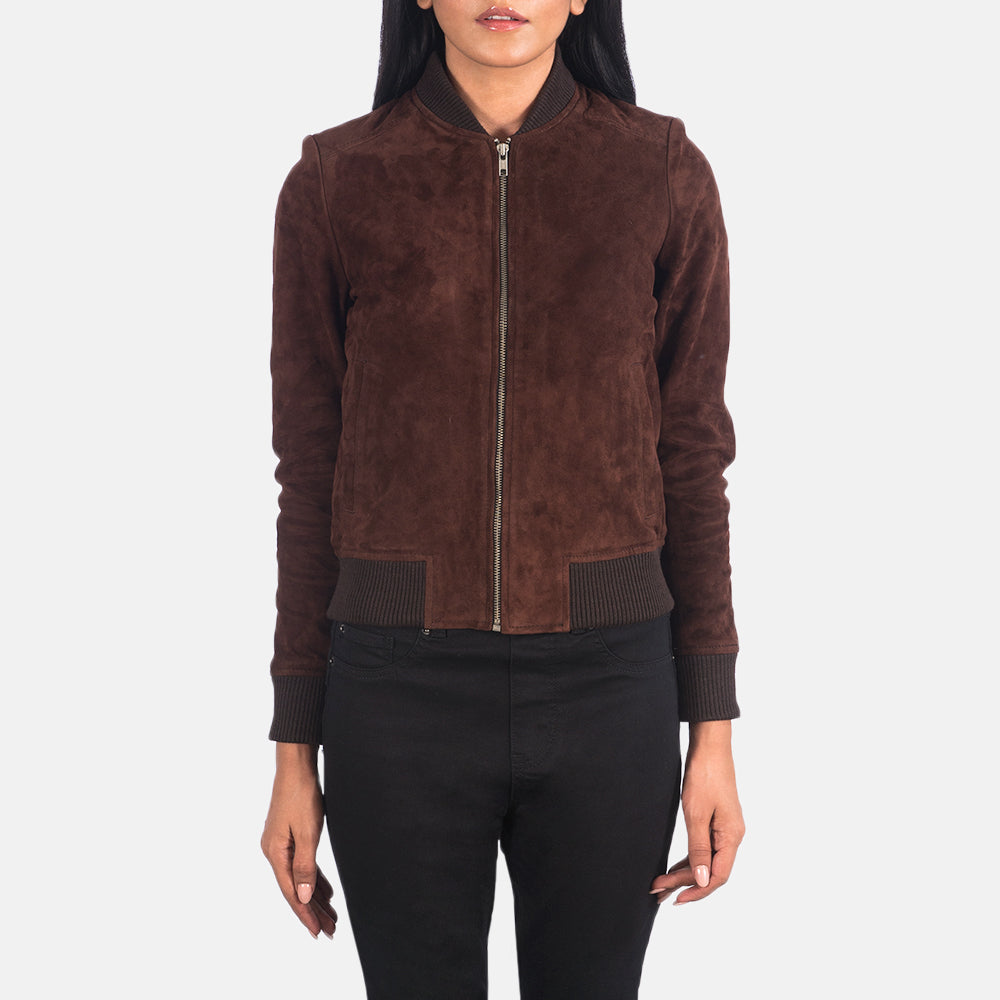 Close-Up Detail of Varsity - Rib Knit &amp; Zipper with Wind Flap Hardware on Women's Bliss Castanho Suede Blusão Bomber de Couro para Mulher