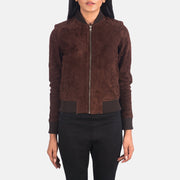 Close-Up Detail of Varsity - Rib Knit &amp; Zipper with Wind Flap Hardware on Women's Bliss Castanho Suede Blusão Bomber de Couro para Mulher