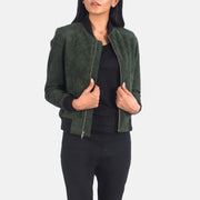 Women's Bliss Verde Suede Blusão Bomber de Couro para Mulher in Green Goatskin Suede - Front Profile View &amp; Tailored Silhouette | Buy Online