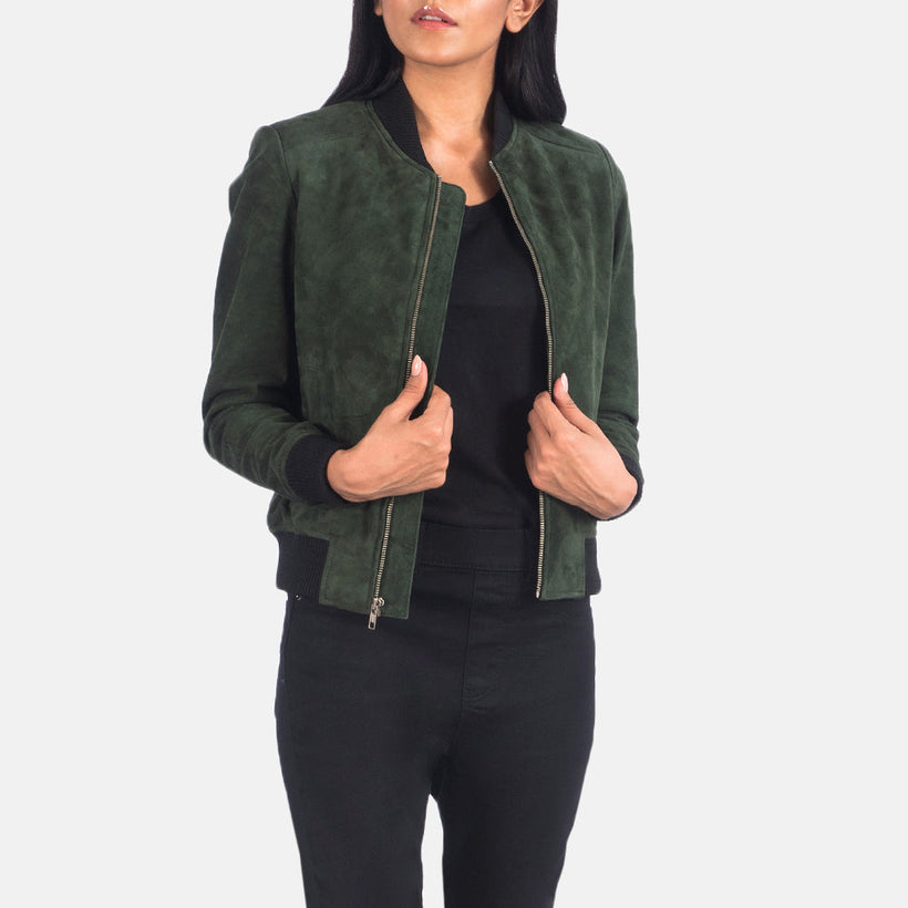 Bliss Verde Suede Blusão Bomber de Couro para Mulher