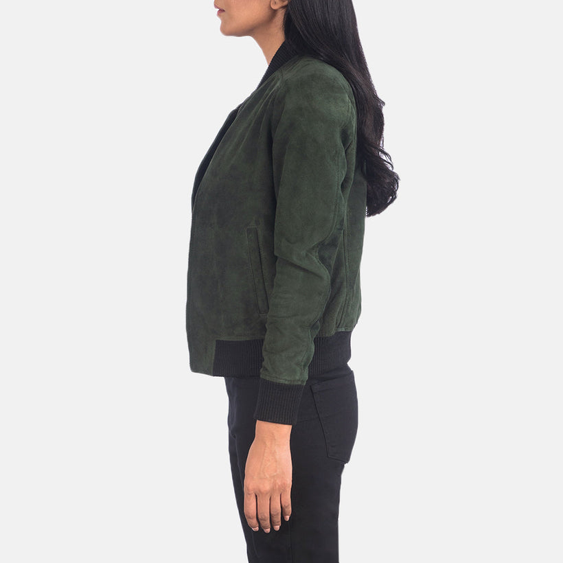 Bliss Verde Suede Blusão Bomber de Couro para Mulher