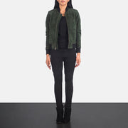 Women's Bliss Verde Suede Blusão Bomber de Couro para Mulher - Lateral Side Profile View Showing Sleeve Cut &amp; Athletic Taper Fit
