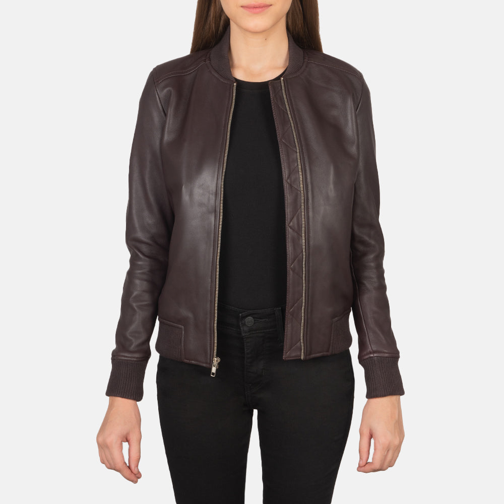 Women's Bliss Bordô Blusão Bomber de Couro para Mulher in Maroon Sheepskin Leather - Front Profile View &amp; Tailored Silhouette | Buy Online