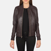Women's Bliss Bordô Blusão Bomber de Couro para Mulher in Maroon Sheepskin Leather - Front Profile View &amp; Tailored Silhouette | Buy Online