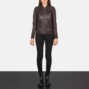 Women's Bliss Bordô Blusão Bomber de Couro para Mulher - Lateral Side Profile View Showing Sleeve Cut &amp; Athletic Taper Fit