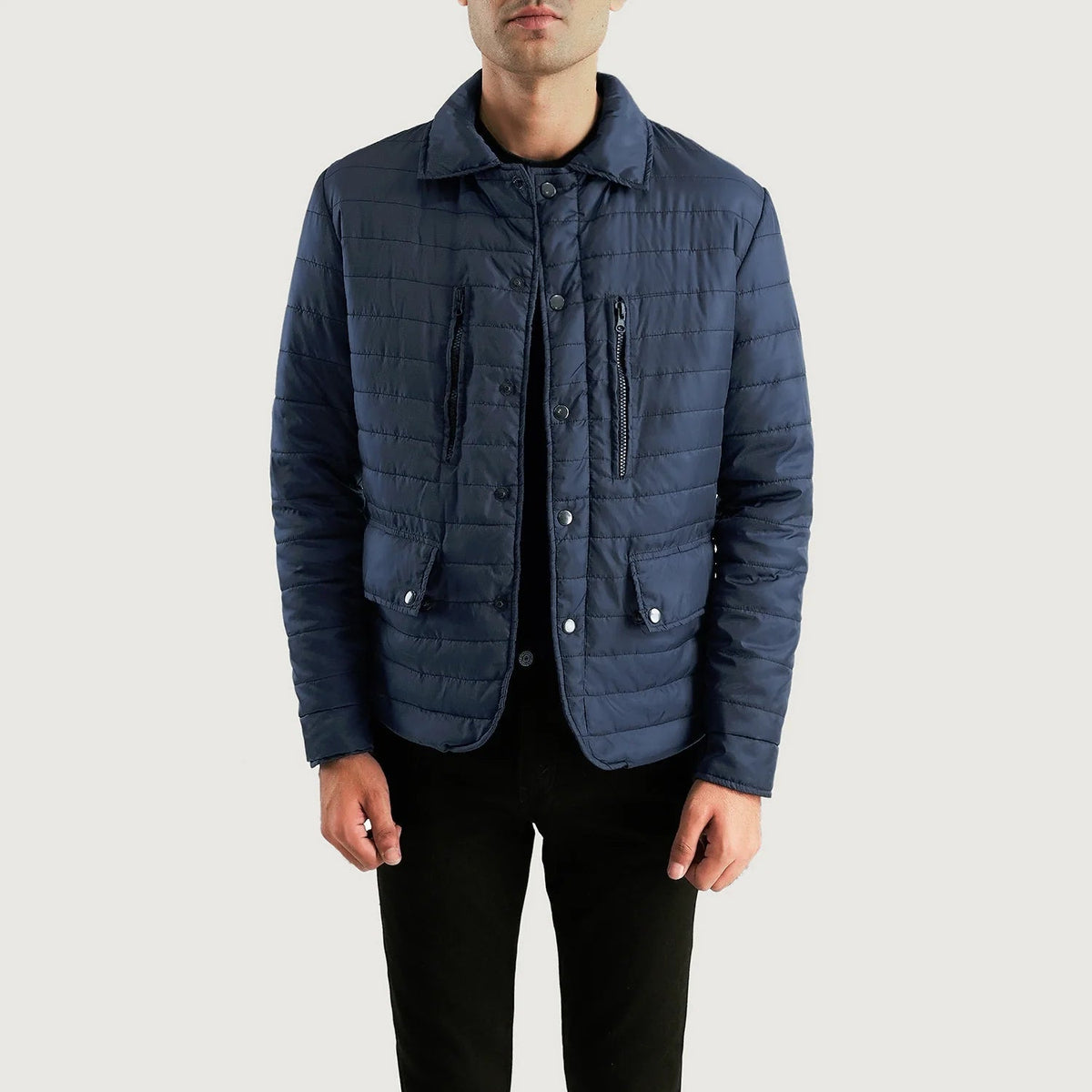 Men's Bo Quilt Windbreaker Blusão de Couro para Homem in Navy Blue Nylon - Front Profile View &amp; Tailored Silhouette | Buy Online