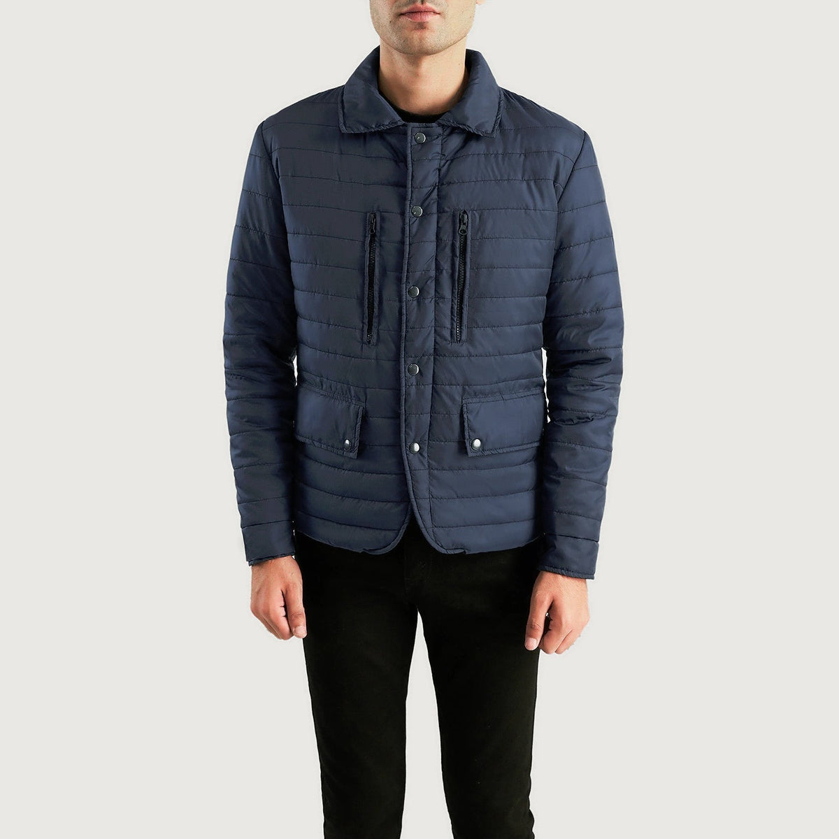 Men's Bo Quilt Windbreaker Blusão de Couro para Homem - Lateral Side Profile View Showing Sleeve Cut &amp; Athletic Taper Fit