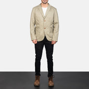 Borges Beige Blazer de Couro para Homem - Lateral Side Profile View Showing Sleeve Cut &amp; Athletic Taper Fit