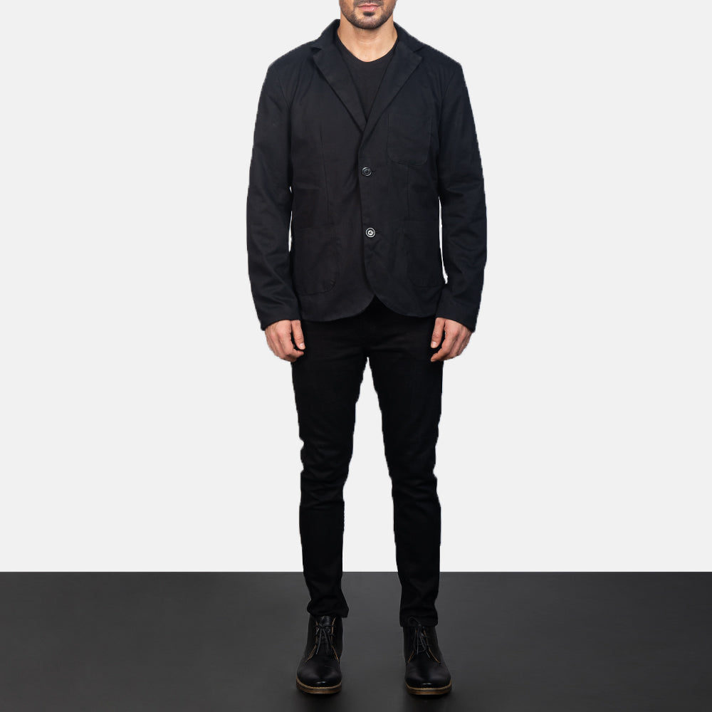 Borges Preto Blazer de Couro para Homem - Lateral Side Profile View Showing Sleeve Cut &amp; Athletic Taper Fit