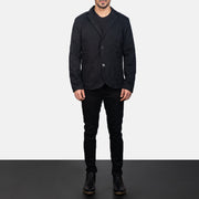 Borges Preto Blazer de Couro para Homem - Lateral Side Profile View Showing Sleeve Cut &amp; Athletic Taper Fit