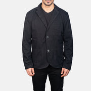 Close-Up Detail of Notch &amp; Button Hardware on Borges Preto Blazer de Couro para Homem