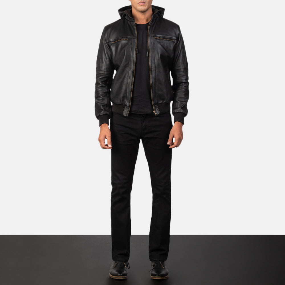 
Vista detalhada of Band & Zipper Hardware on Bouncer Biz Black Leather Hooded Bomber Jacket