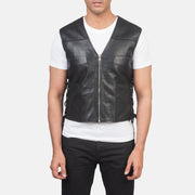Close-Up Detail of Classic Collar &amp; Zipper Hardware on Men's Brandon Preto Colete de Couro para Homem