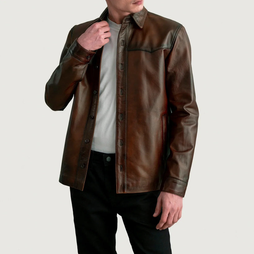 Bronco Distressed Castanho Leather Shirt para Homem