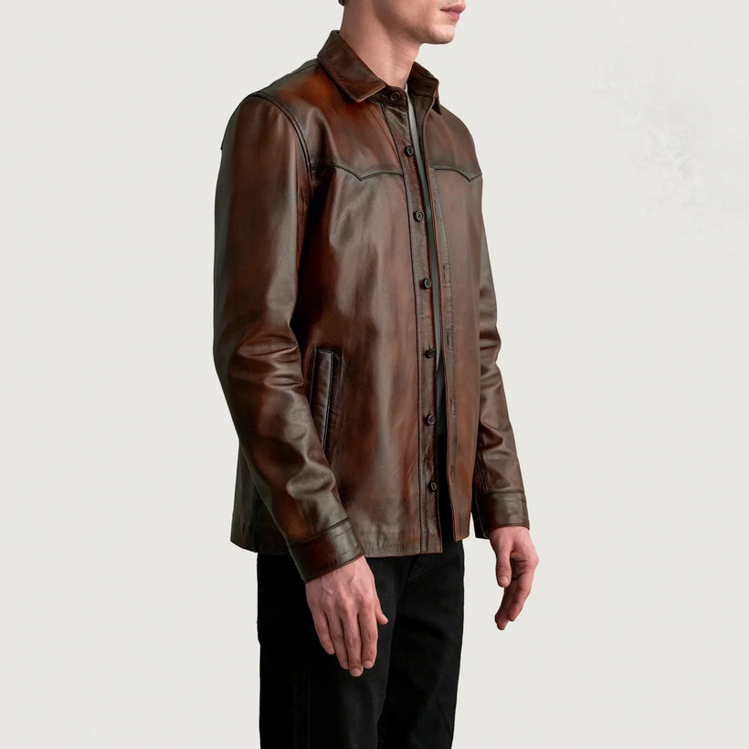 Bronco Distressed Castanho Leather Shirt para Homem