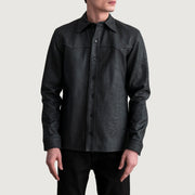 
Bronco Tumbled Preto Leather Shirt para Homem - Vista lateral mostrando o corte ergonómico de mangas