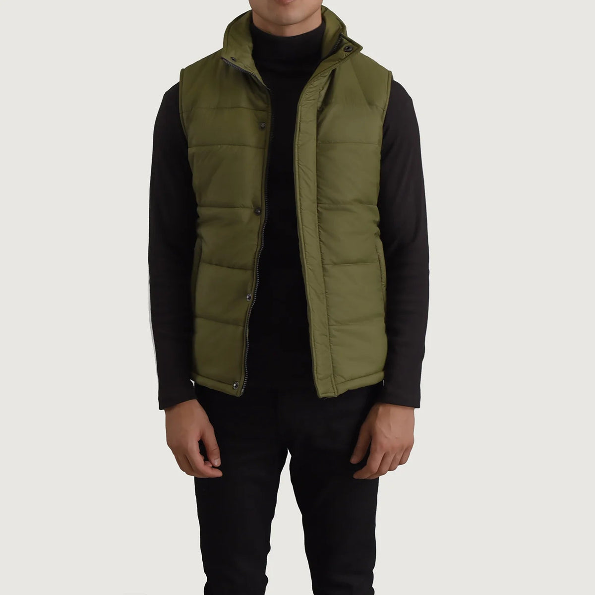 Bryan Verde Puffer Vest para Homem in Green Full-Grain Leather - Front Profile View &amp; Tailored Silhouette | Buy Online