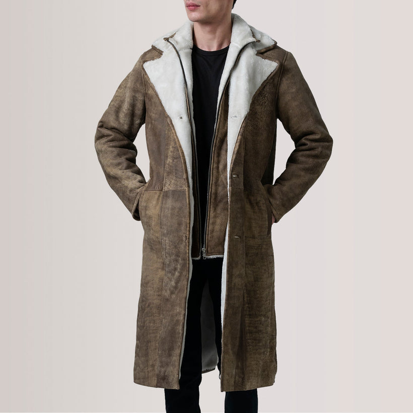 Cai Distressed Castanho Leather Shearling Casaco de Couro para Homem