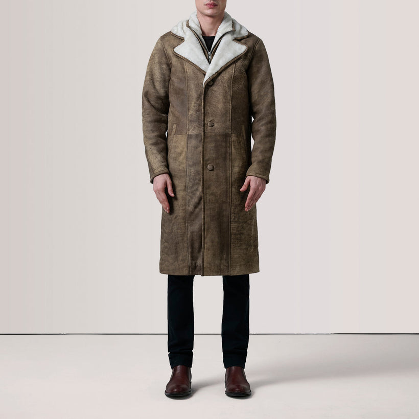 Cai Distressed Castanho Leather Shearling Casaco de Couro para Homem