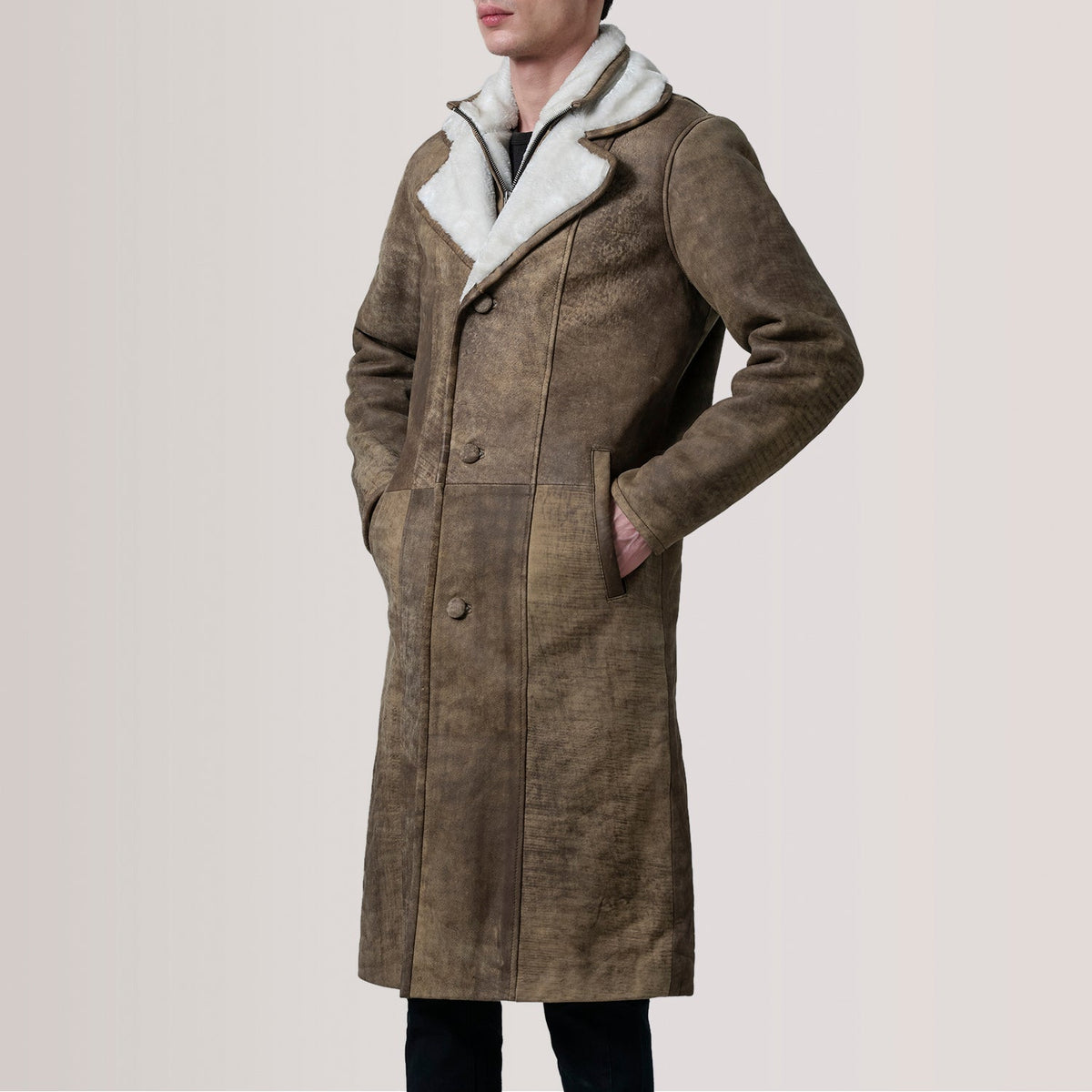 Cai Distressed Brown Leather Shearling Coat For Men - Lateral Side Profile View Showing Sleeve Cut & Athletic Taper Fit