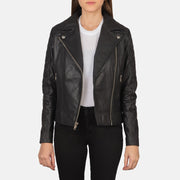 Women's Carolyn Quilted Black Biker Jacket in Black Goatskin Leather - Front Profile View & Tailored Silhouette | Buy Online