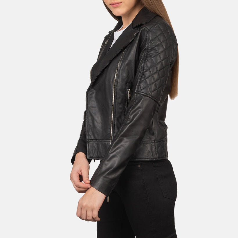 Carolyn Acolchoado Preto Blusão Biker de Couro para Mulher