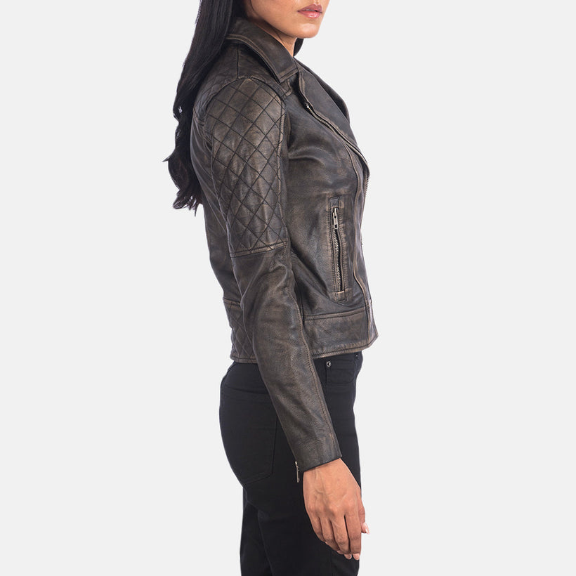 Carolyn Acolchoado Distressed Castanho Blusão Biker de Couro para Mulher