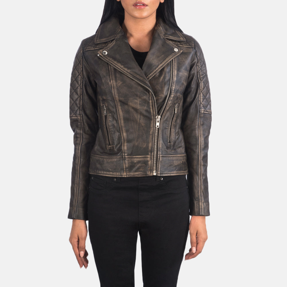 
Vista detalhada of Notch & Zipper Hardware on Carolyn Quilted Distressed Brown Biker Jacket