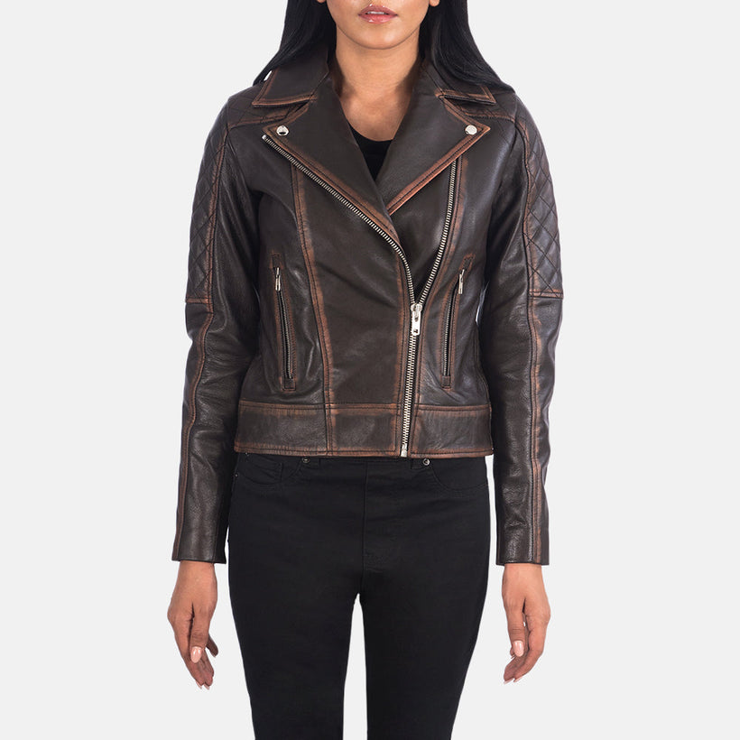 Carolyn Acolchoado Vintage Castanho Blusão Biker de Couro para Mulher