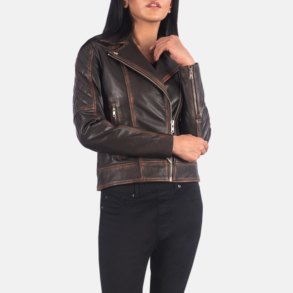 
Vista detalhada of Notch & Zipper Hardware on Carolyn Quilted Vintage Brown Biker Jacket