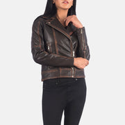 
Vista detalhada of Notch & Zipper Hardware on Carolyn Quilted Vintage Brown Biker Jacket
