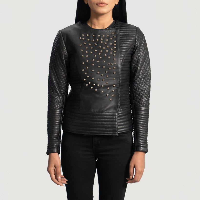Celeste Studded Preto Blusão de Couro para Mulher