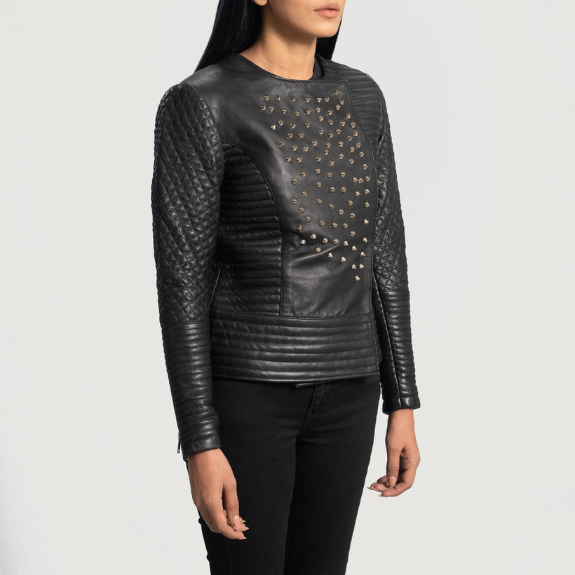 Celeste Studded Preto Blusão de Couro para Mulher