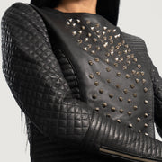 Women's Celeste Studded Preto Blusão de Couro para Mulher - Lateral Side Profile View Showing Sleeve Cut &amp; Athletic Taper Fit