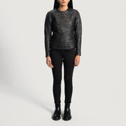 Close-Up Detail of Classic Collar &amp; Snap Button Hardware on Women's Celeste Studded Preto Blusão de Couro para Mulher