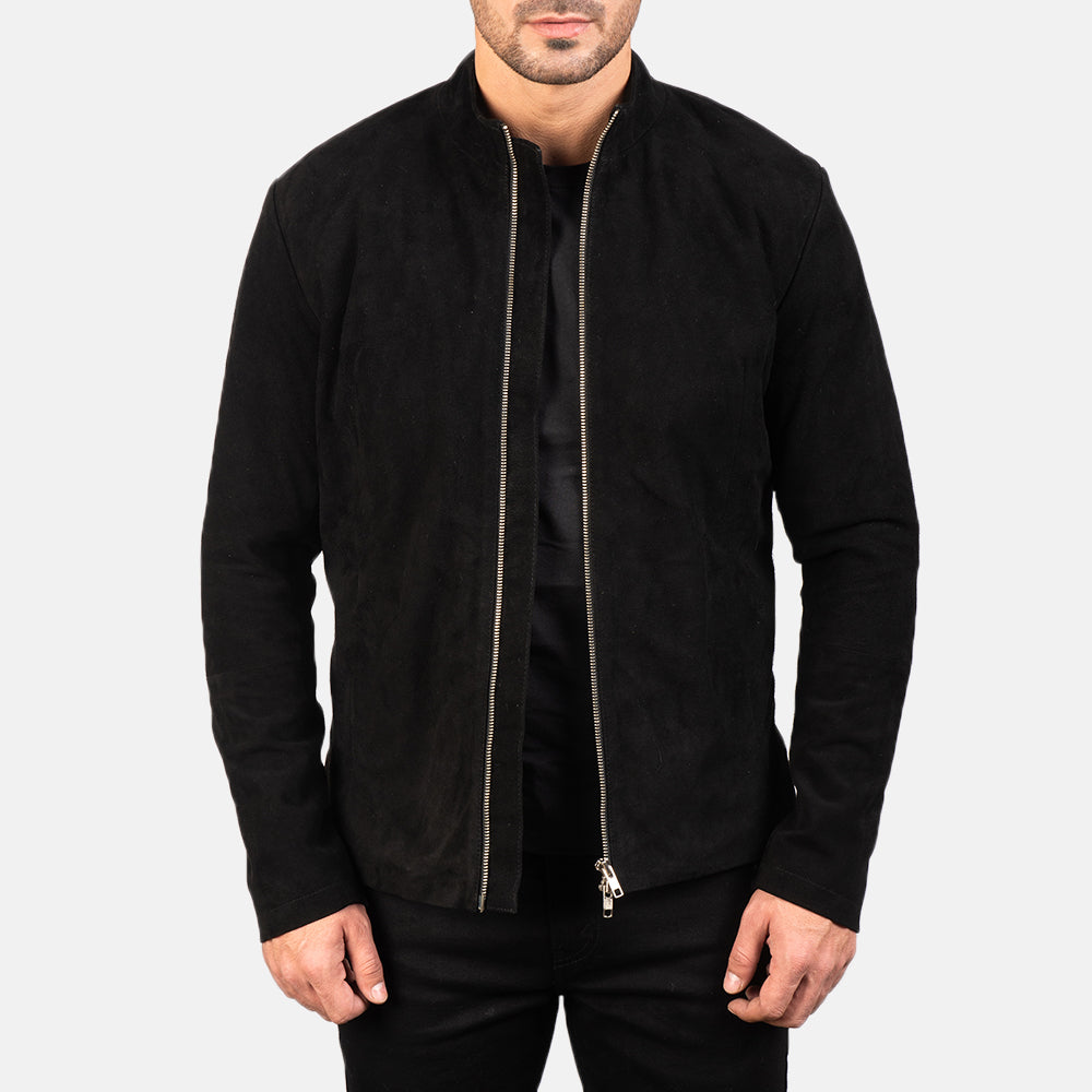 Men's Charcoal Preto Suede Blusão Biker de Couro para Homem in Black Goatskin Suede - Front Profile View &amp; Tailored Silhouette | Buy Online