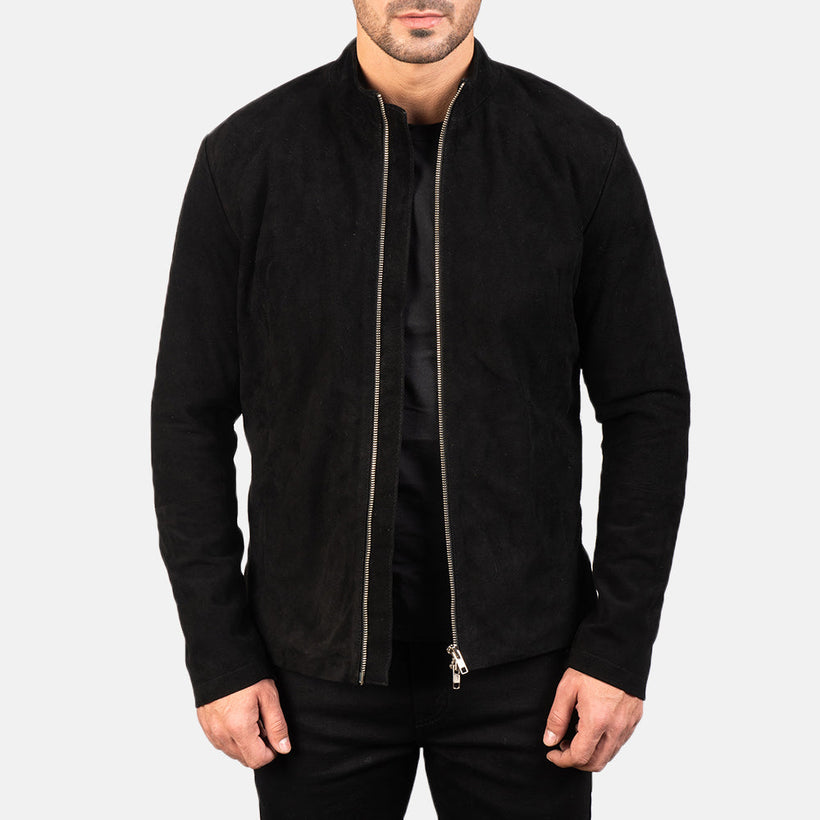 Charcoal Preto Suede Blusão Biker de Couro para Homem