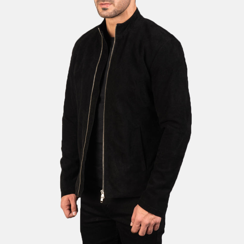 Charcoal Preto Suede Blusão Biker de Couro para Homem