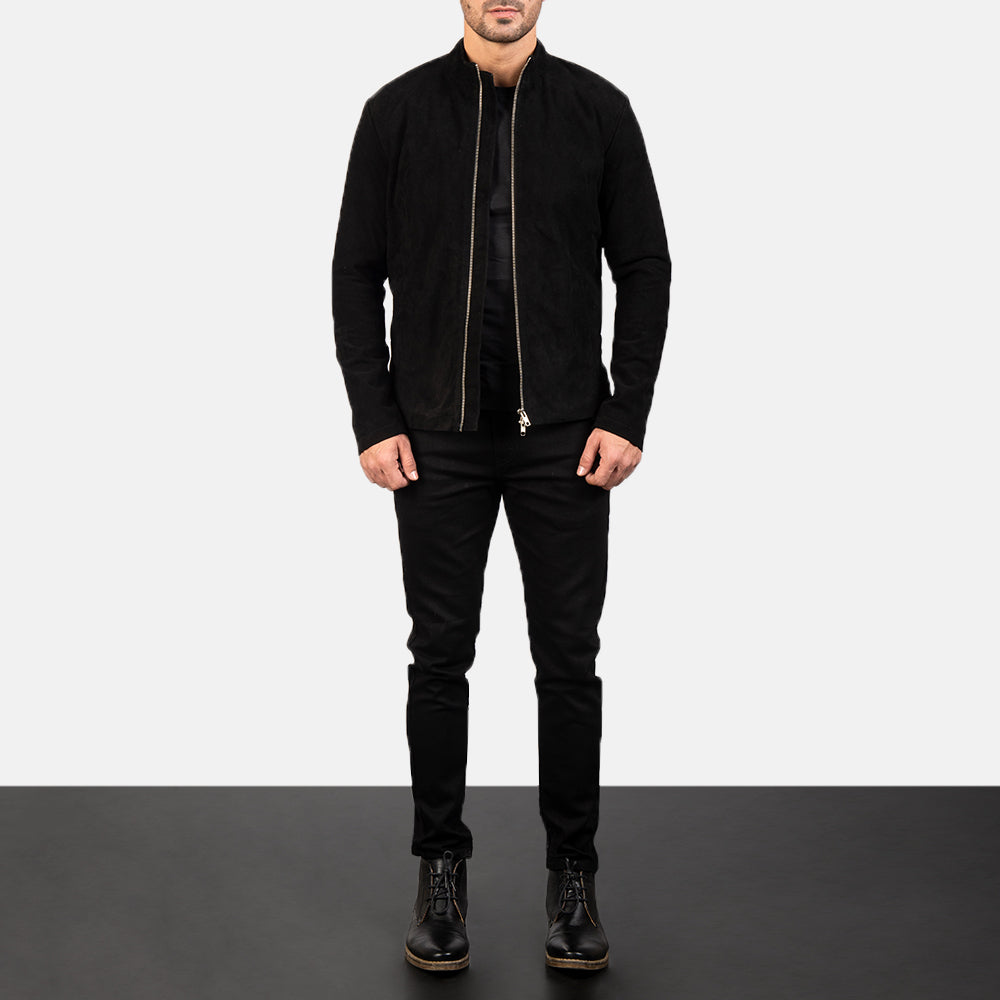 Men's Charcoal Preto Suede Blusão Biker de Couro para Homem - Lateral Side Profile View Showing Sleeve Cut &amp; Athletic Taper Fit