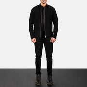 Men's Charcoal Preto Suede Blusão Biker de Couro para Homem - Lateral Side Profile View Showing Sleeve Cut &amp; Athletic Taper Fit