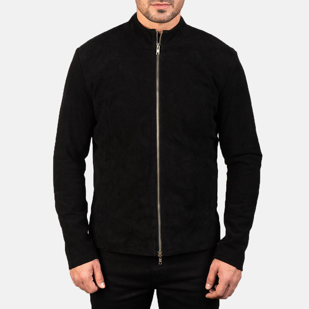 Close-Up Detail of Mandarin &amp; Zipper with Dual Puller Hardware on Men's Charcoal Preto Suede Blusão Biker de Couro para Homem