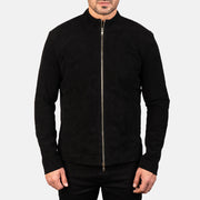 Close-Up Detail of Mandarin &amp; Zipper with Dual Puller Hardware on Men's Charcoal Preto Suede Blusão Biker de Couro para Homem