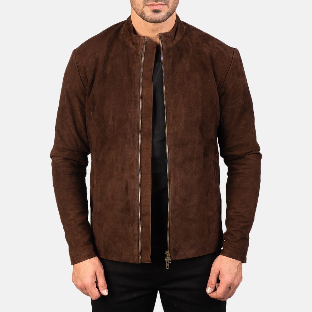 Men's Charcoal Mocha Suede Blusão Biker de Couro para Homem in Dark Brown Goatskin Suede - Front Profile View &amp; Tailored Silhouette | Buy Online