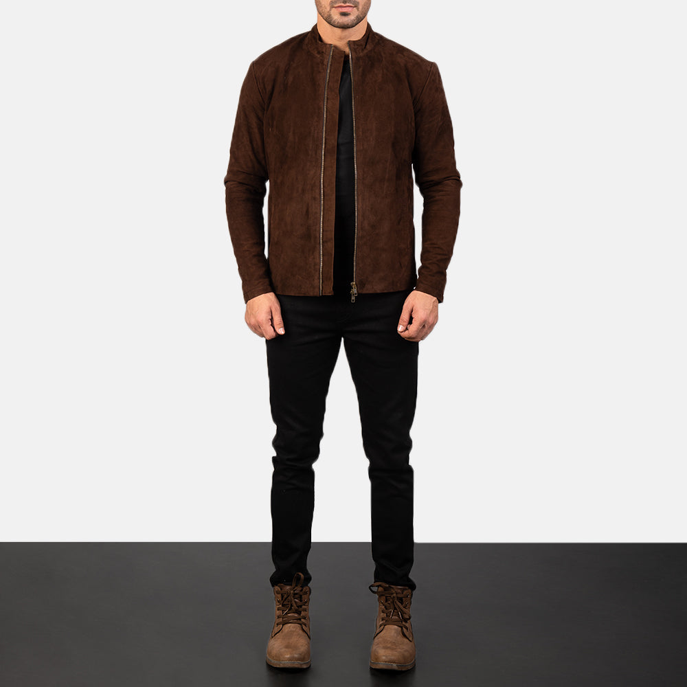 Men's Charcoal Mocha Suede Blusão Biker de Couro para Homem - Lateral Side Profile View Showing Sleeve Cut &amp; Athletic Taper Fit